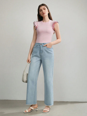 CONTRAST BINDING RUFFLE ARMHOLE SLIM FIT TEE