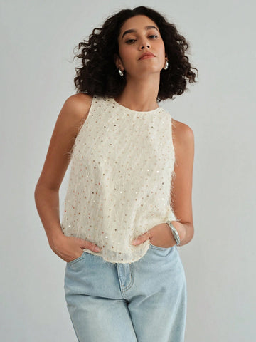 MOTF STUDIO CONTRAST SEQUIN FUZZY SLEEVELESS BLOUSE