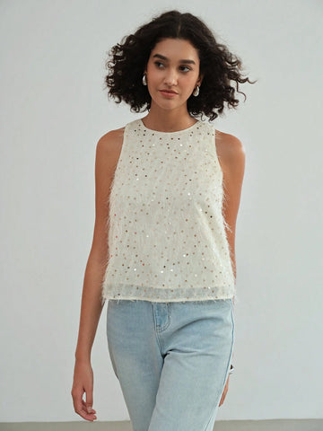 MOTF STUDIO CONTRAST SEQUIN FUZZY SLEEVELESS BLOUSE