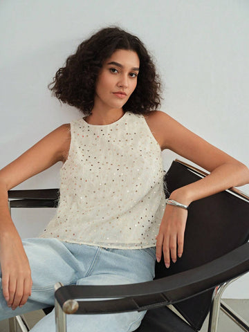 MOTF STUDIO CONTRAST SEQUIN FUZZY SLEEVELESS BLOUSE