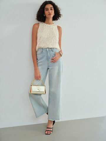 MOTF STUDIO CONTRAST SEQUIN FUZZY SLEEVELESS BLOUSE