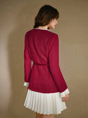 MOTF STUDIO CONTRAST TWEED PLEATED HEM DRESS