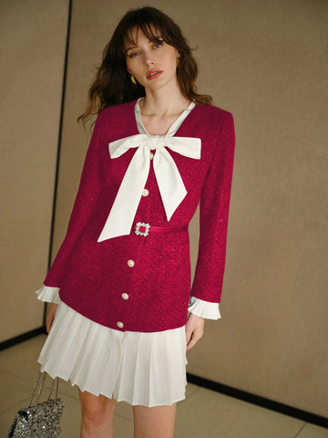 MOTF STUDIO CONTRAST TWEED PLEATED HEM DRESS