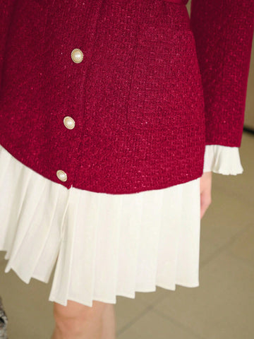 MOTF STUDIO CONTRAST TWEED PLEATED HEM DRESS