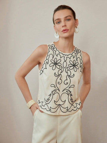 MOTF STUDIO EMBROIDERY FLORAL PATTERN SLEEVELESS BLOUSE
