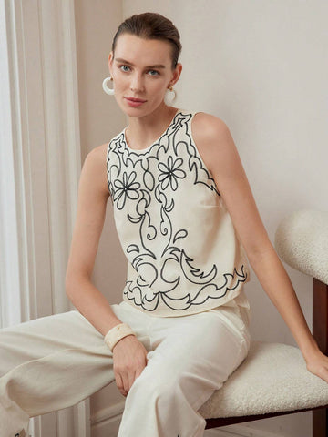 MOTF STUDIO EMBROIDERY FLORAL PATTERN SLEEVELESS BLOUSE