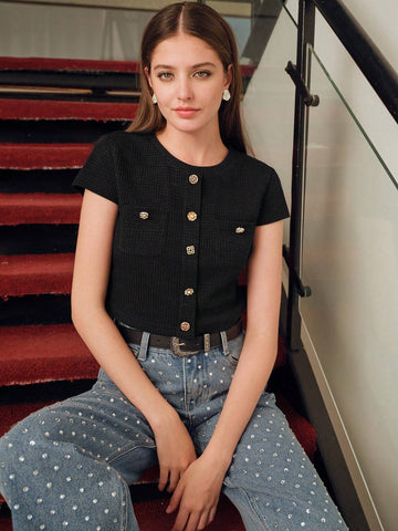 MOTF STUDIO GOLD BUTTON DETAIL PATCH POCKET TEXTURED CROP TEE