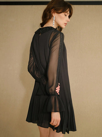 MOTF STUDIO GUIPURE LACE COLLAR CONTRAST SHEER MESH FLARE SLEEVE PLISSE SHORT DRESS