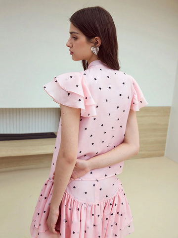 MOTF STUDIO HEART PRINT RUFFLE BLOUSE
