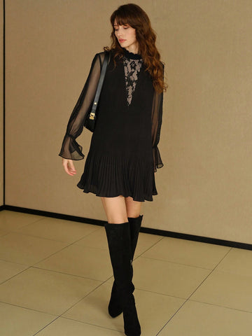 MOTF STUDIO MOCK NECK SHEER MESH FLARE SLEEVE LACE INSERT PLEATED HEM SHORT DRESS