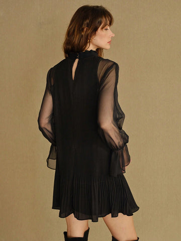 MOTF STUDIO MOCK NECK SHEER MESH FLARE SLEEVE LACE INSERT PLEATED HEM SHORT DRESS