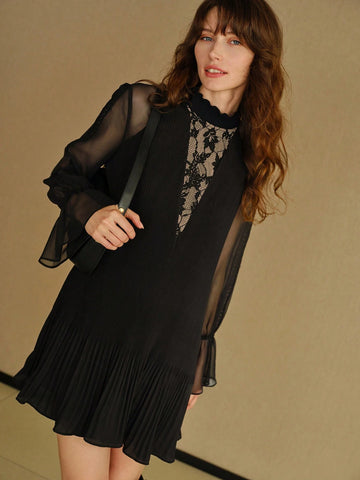 MOTF STUDIO MOCK NECK SHEER MESH FLARE SLEEVE LACE INSERT PLEATED HEM SHORT DRESS