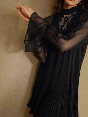 MOTF STUDIO MOCK NECK SHEER MESH FLARE SLEEVE LACE INSERT PLEATED HEM SHORT DRESS