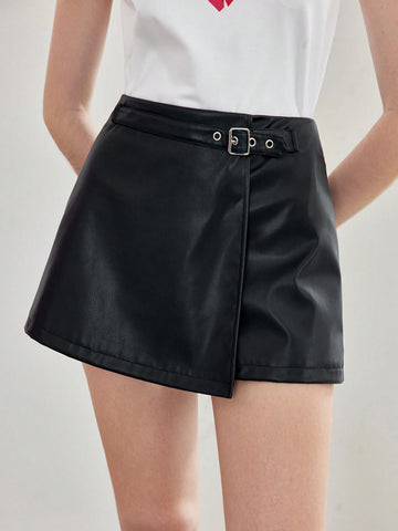 MOTF STUDIO PU LEATHER BUCKLE WAIST SKORT