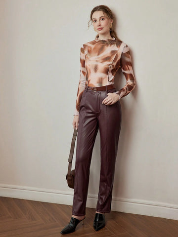 MOTF STUDIO PU LEATHER SLANT POCKET SEAM FRONT SPLIT HEM PANTS WITHOUT BELT