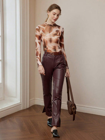 MOTF STUDIO PU LEATHER SLANT POCKET SEAM FRONT SPLIT HEM PANTS WITHOUT BELT