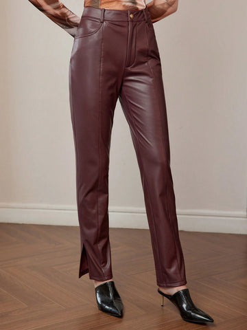 MOTF STUDIO PU LEATHER SLANT POCKET SEAM FRONT SPLIT HEM PANTS WITHOUT BELT