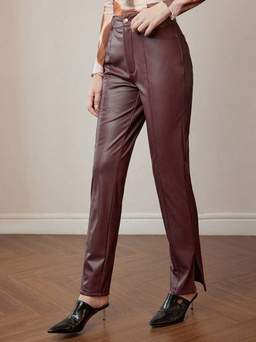 MOTF STUDIO PU LEATHER SLANT POCKET SEAM FRONT SPLIT HEM PANTS WITHOUT BELT