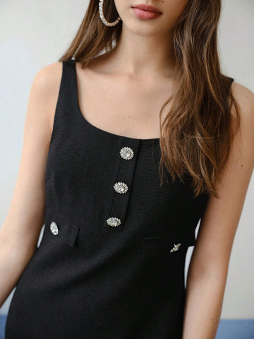 MOTF STUDIO RHINESTONE BUTTON DECOR TANK DRESS,VALENTINE'S DAY OUTFIT