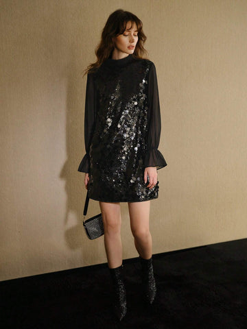 MOTF STUDIO SEQUINS MOCK NECK CONTRAST MESH FLARE SLEEVE SHORT DRESS