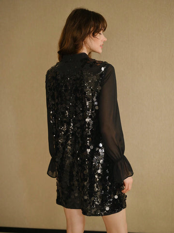 MOTF STUDIO SEQUINS MOCK NECK CONTRAST MESH FLARE SLEEVE SHORT DRESS