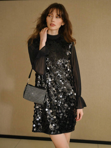 MOTF STUDIO SEQUINS MOCK NECK CONTRAST MESH FLARE SLEEVE SHORT DRESS