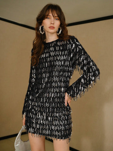 MOTF STUDIO SEQUIN FRINGE SHORT DRESS