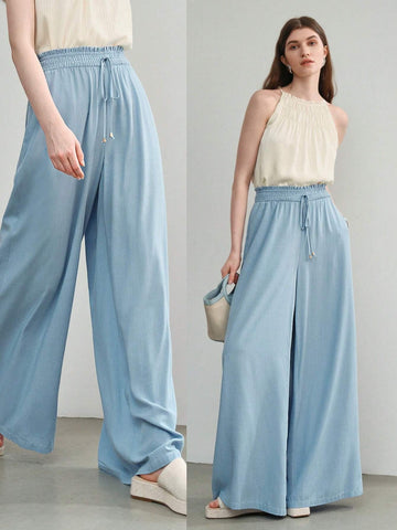 MOTF STUDIO SOLID SHIRRED KNOT WAIST WIDE LEG PANTS