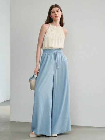 MOTF STUDIO SOLID SHIRRED KNOT WAIST WIDE LEG PANTS