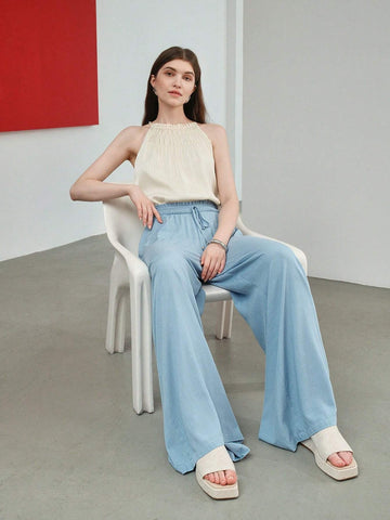 MOTF STUDIO SOLID SHIRRED KNOT WAIST WIDE LEG PANTS