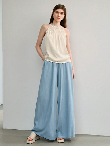 MOTF STUDIO SOLID SHIRRED KNOT WAIST WIDE LEG PANTS