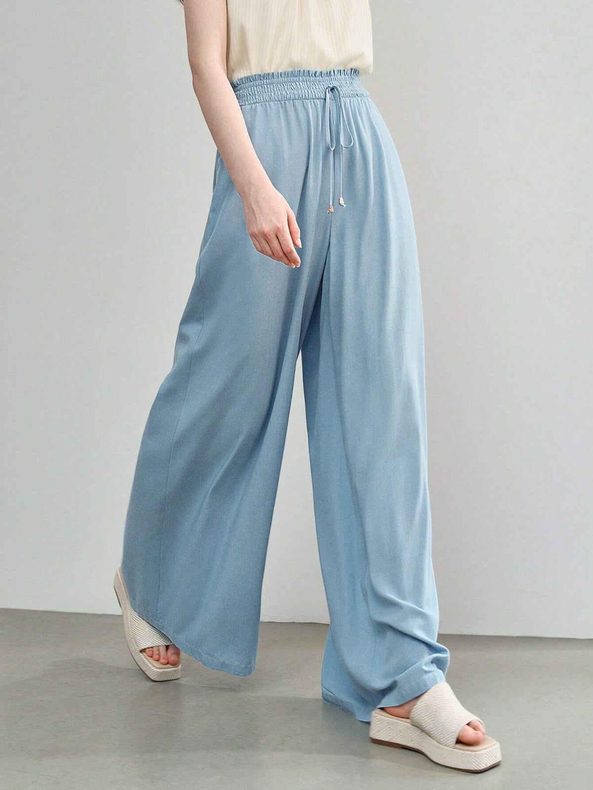 MOTF STUDIO SOLID SHIRRED KNOT WAIST WIDE LEG PANTS