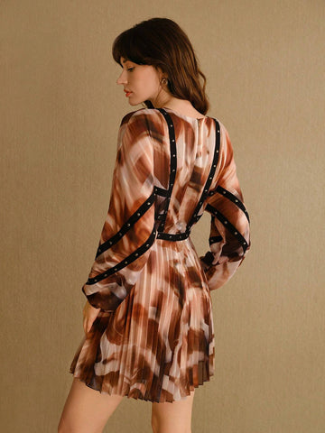 MOTF STUDIO STUDDED PATCHWORK BISHOP SLEEVE PLEATED DRESS