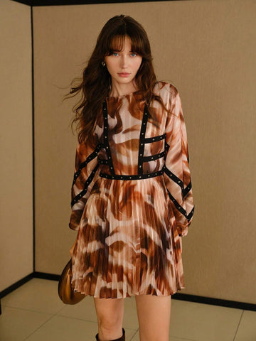 MOTF STUDIO STUDDED PATCHWORK BISHOP SLEEVE PLEATED DRESS