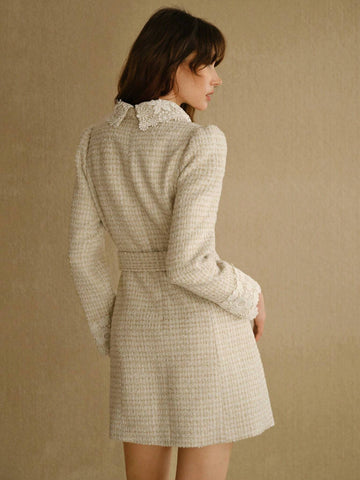 MOTF STUDIO TWEED CONTRAST GUIPURE LACE PANEL BUCKLE BELTED SHORT DRESS