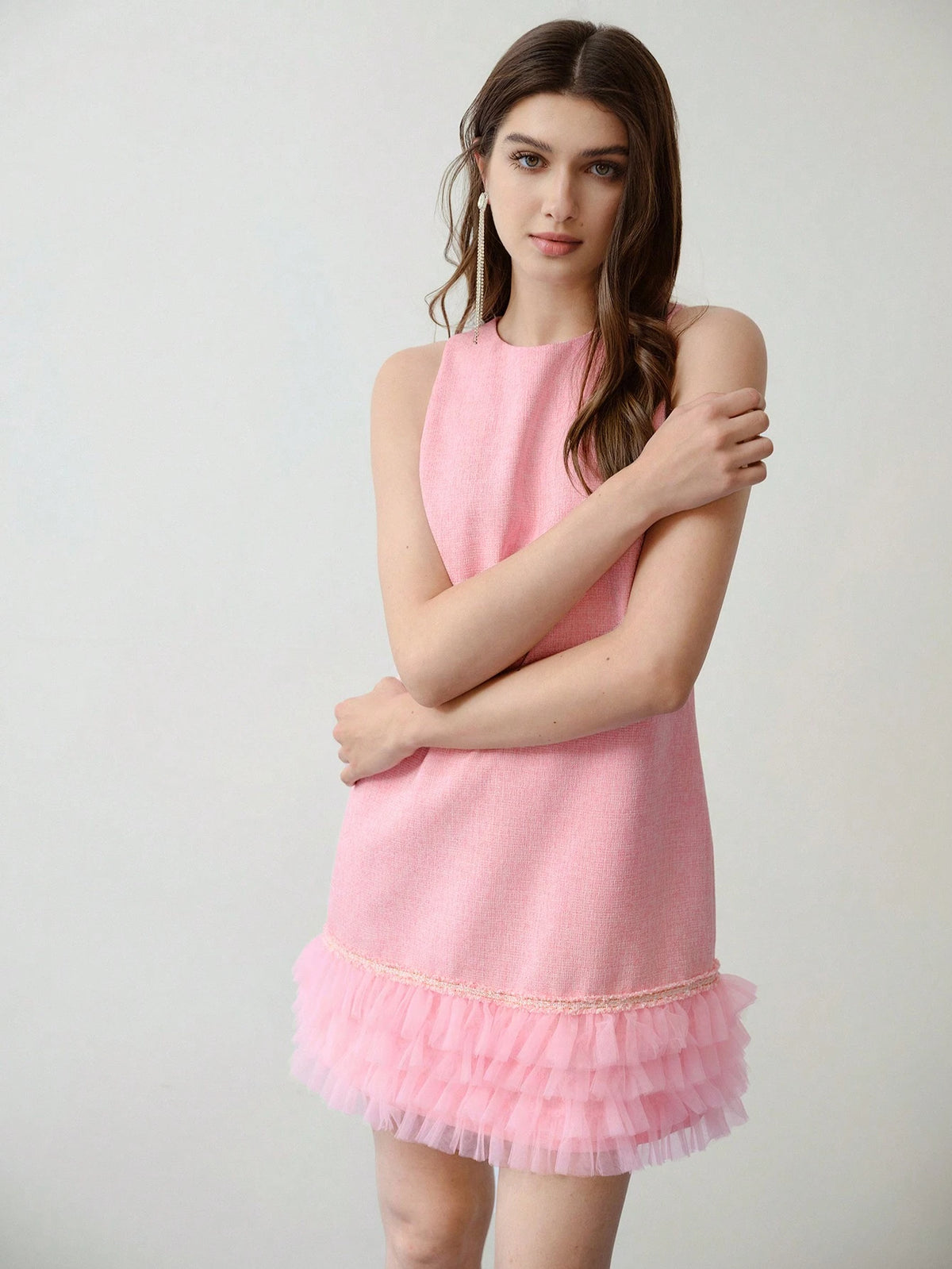 MOTF STUDIO TWEED CONTRAST MESH RUFFLE HEM DRESS,VALENTINE'S DAY OUTFIT