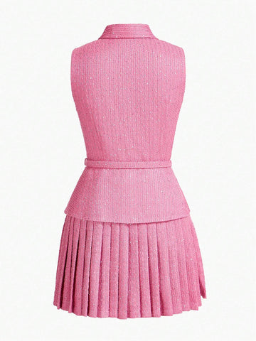 MOTF STUDIO TWEED FLAP DETAIL PLEATED HEM BUCKLE BELTED SHORT DRESS