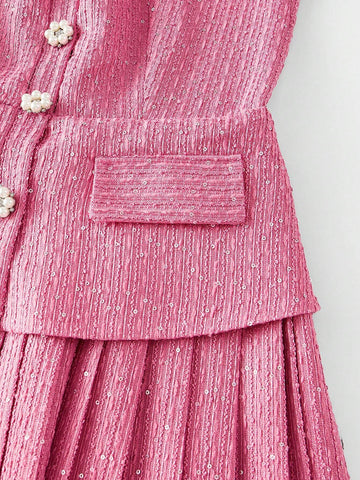 MOTF STUDIO TWEED FLAP DETAIL PLEATED HEM BUCKLE BELTED SHORT DRESS