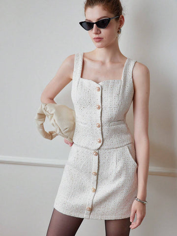 MOTF STUDIO TWEED SLANT POCKET FAUX PEARL BUTTON DETAIL SKIRT