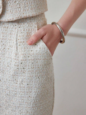 MOTF STUDIO TWEED SLANT POCKET FAUX PEARL BUTTON DETAIL SKIRT