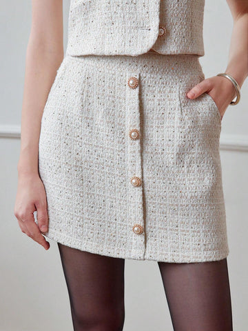 MOTF STUDIO TWEED SLANT POCKET FAUX PEARL BUTTON DETAIL SKIRT