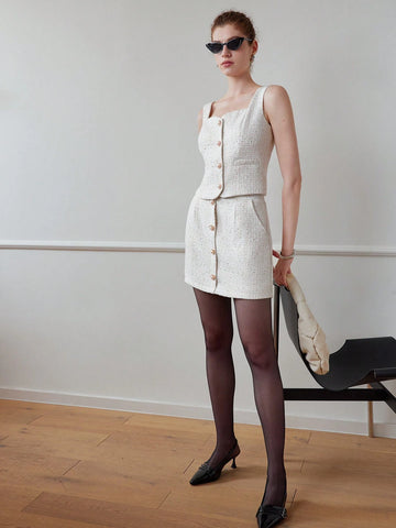 MOTF STUDIO TWEED SLANT POCKET FAUX PEARL BUTTON DETAIL SKIRT