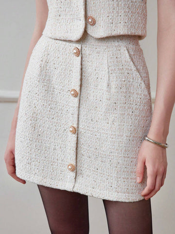 MOTF STUDIO TWEED SLANT POCKET FAUX PEARL BUTTON DETAIL SKIRT