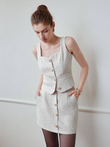 MOTF STUDIO TWEED SLANT POCKET FAUX PEARL BUTTON DETAIL SKIRT