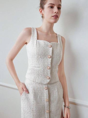 MOTF STUDIO TWEED SLANT POCKET FAUX PEARL BUTTON DETAIL SKIRT