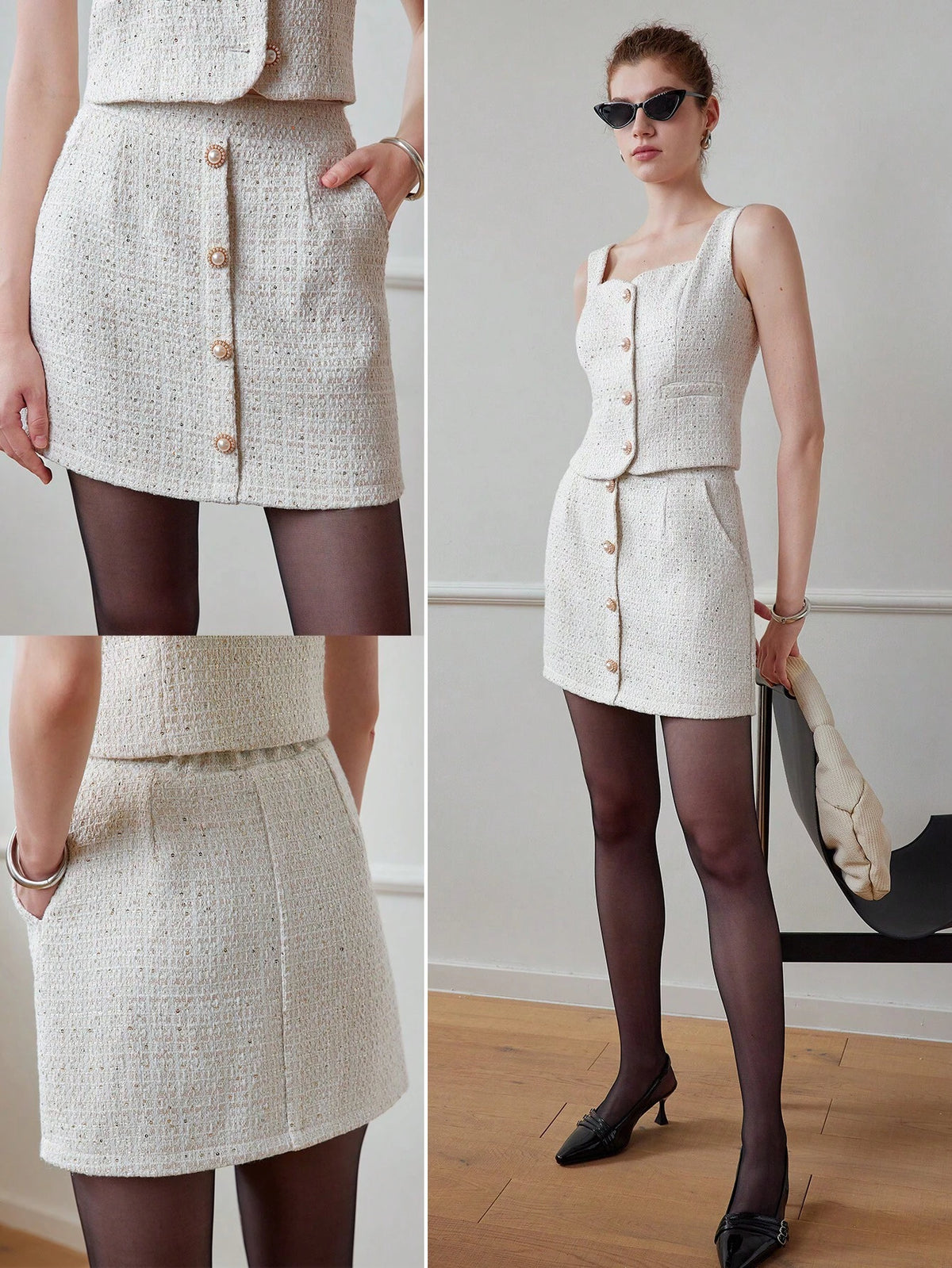 MOTF STUDIO TWEED SLANT POCKET FAUX PEARL BUTTON DETAIL SKIRT