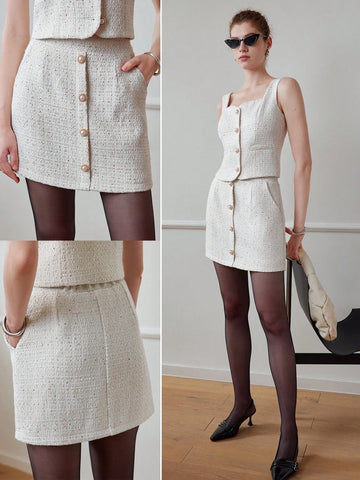 MOTF STUDIO TWEED SLANT POCKET FAUX PEARL BUTTON DETAIL SKIRT