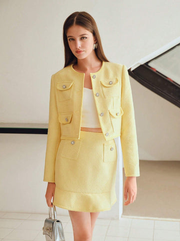 MOTF STUDIO TWEED SOLID TEXTURED PATCH POCKET RUFFLE HEM SKIRT