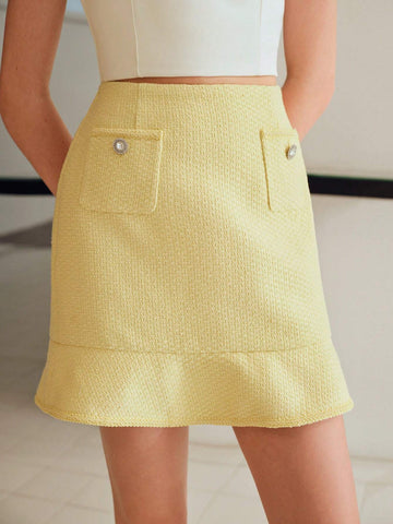 MOTF STUDIO TWEED SOLID TEXTURED PATCH POCKET RUFFLE HEM SKIRT