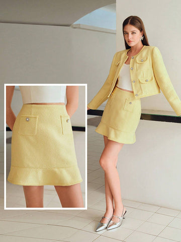 MOTF STUDIO TWEED SOLID TEXTURED PATCH POCKET RUFFLE HEM SKIRT